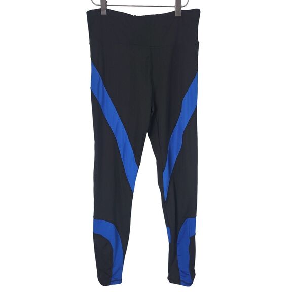 Aviva Sport Athletic Ankle Length Leggings L Womens Black Blue Mid Rise Pull On - Picture 1 of 9